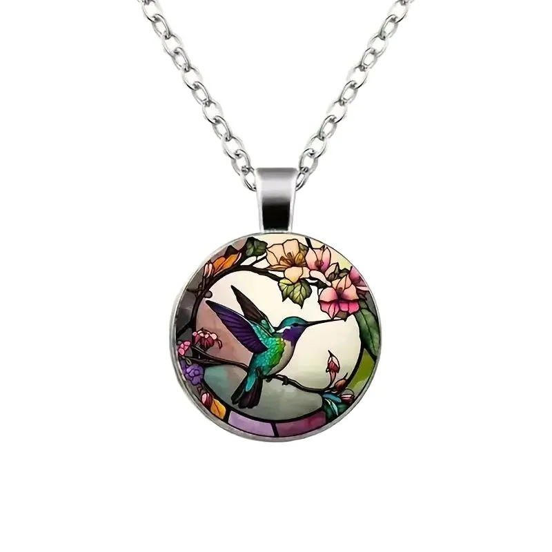 Vintage Hummingbird & Flower Round Glass Pendant Necklace – Retro Nature-Inspired Jewelry, Delicate Bird Floral Design for Women